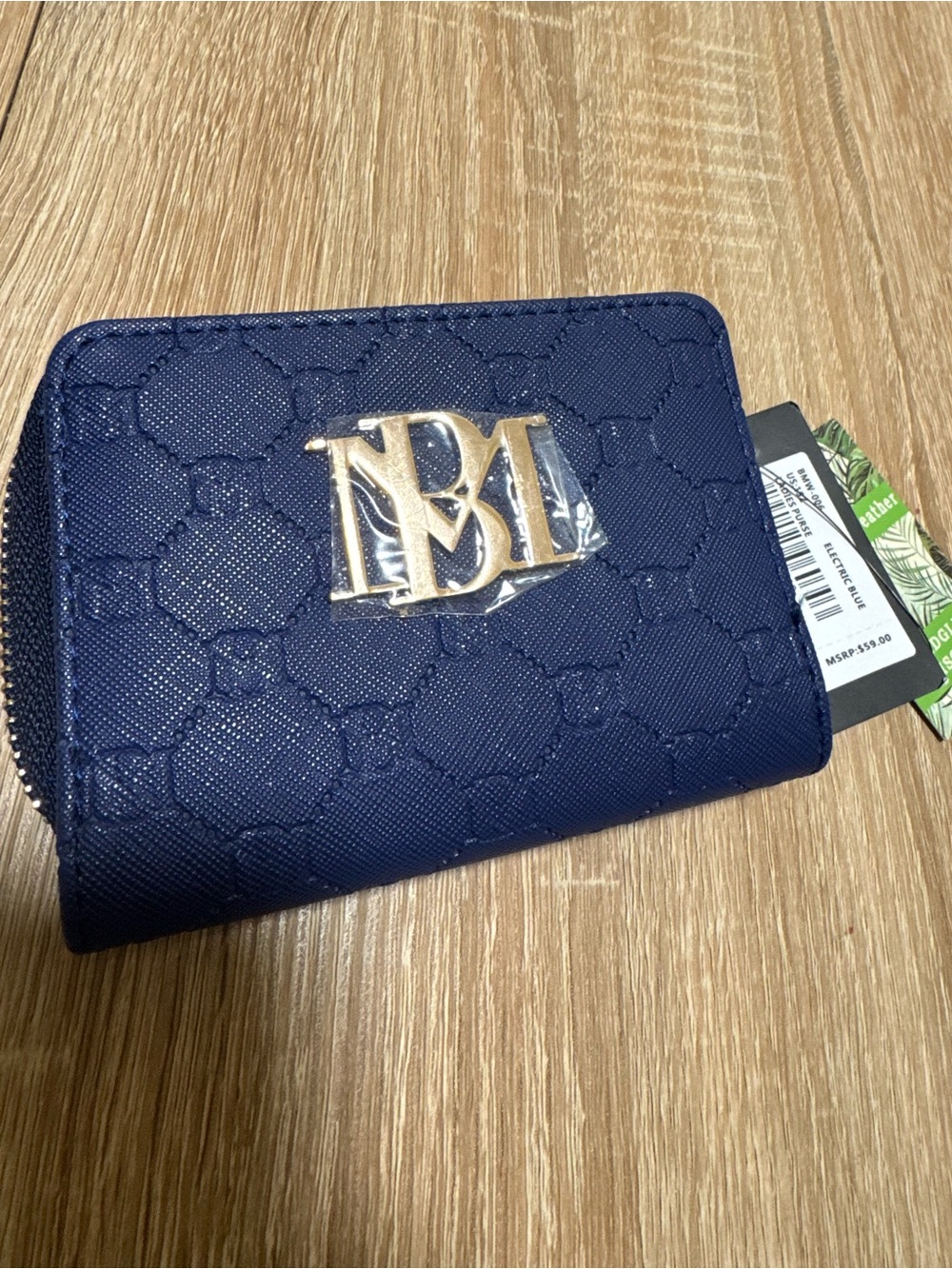 Badgley Mischka Navy Quilted Logo Zip Wallet with Gold Tone Hardware